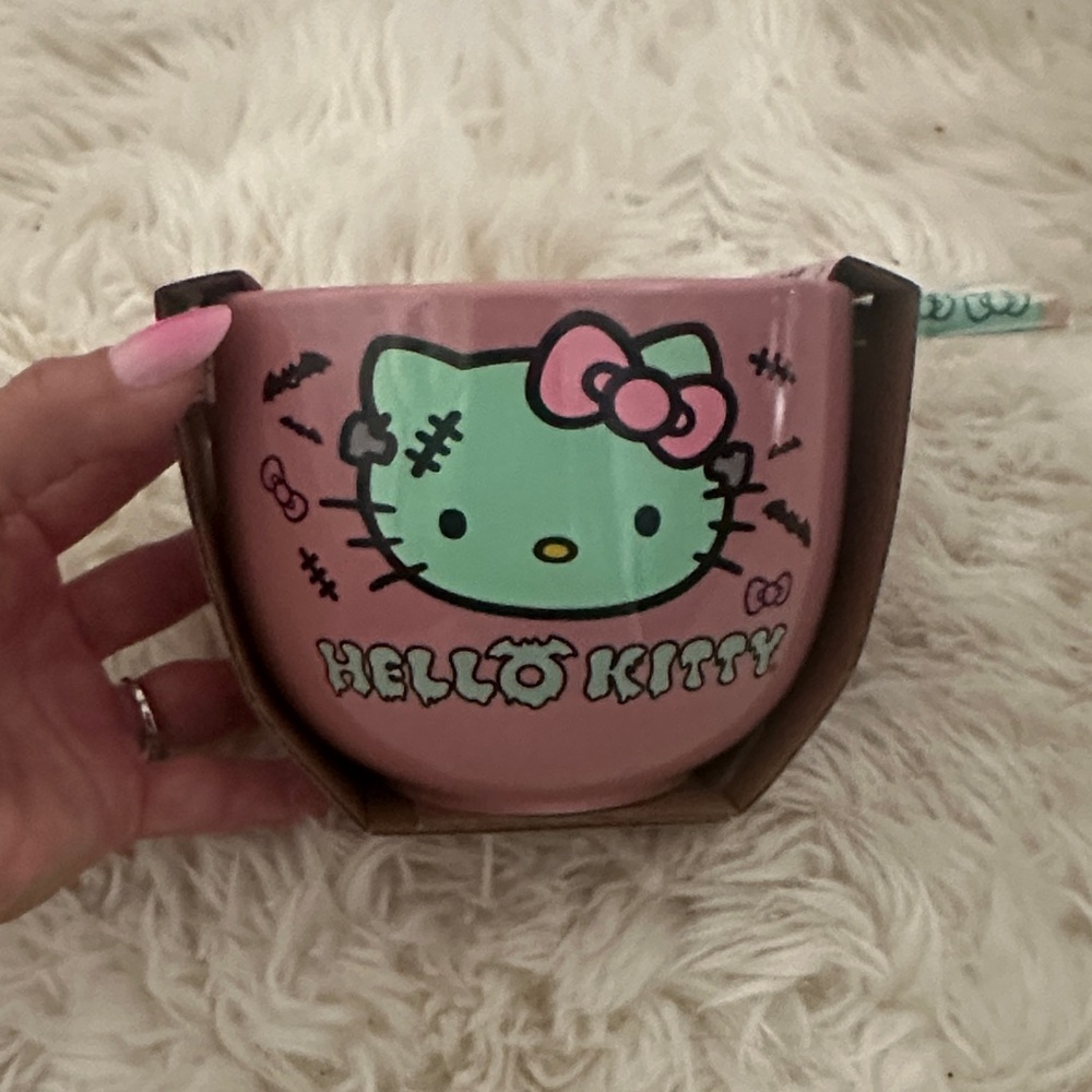 Hello Kitty Frankie Pink and Green Frankenstein Noodle Bowl With Chopsticks NWT